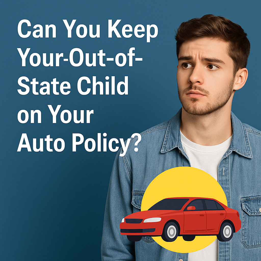 Graphic with the question ‘Can You Keep Your Out-of-State Child on Your Auto Policy?’ featuring a young man in a denim jacket and a car icon.